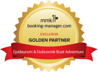 A circular gold badge labeled mmk booking-manager.com with a red ribbon below. The ribbon reads Exclusive Golden Partner and Epidaurm & Dubrovnik Boat Adventure.