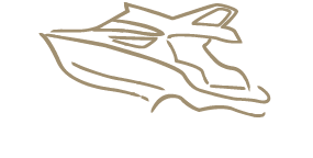 Simple line drawing of a futuristic yacht with sharp, angular features. The yacht appears to be moving swiftly, depicted with clean, flowing lines.