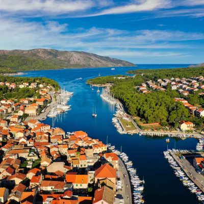 Aerial Sunset View of Stari Grad a Town at Hvar Island Croatia