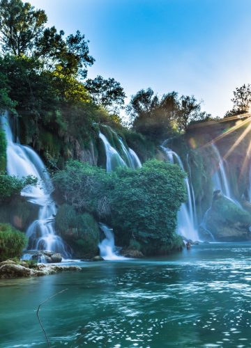 July 12, 2016: Sunset at the Kravica Waterfalls, Bosnia and Herzegovina